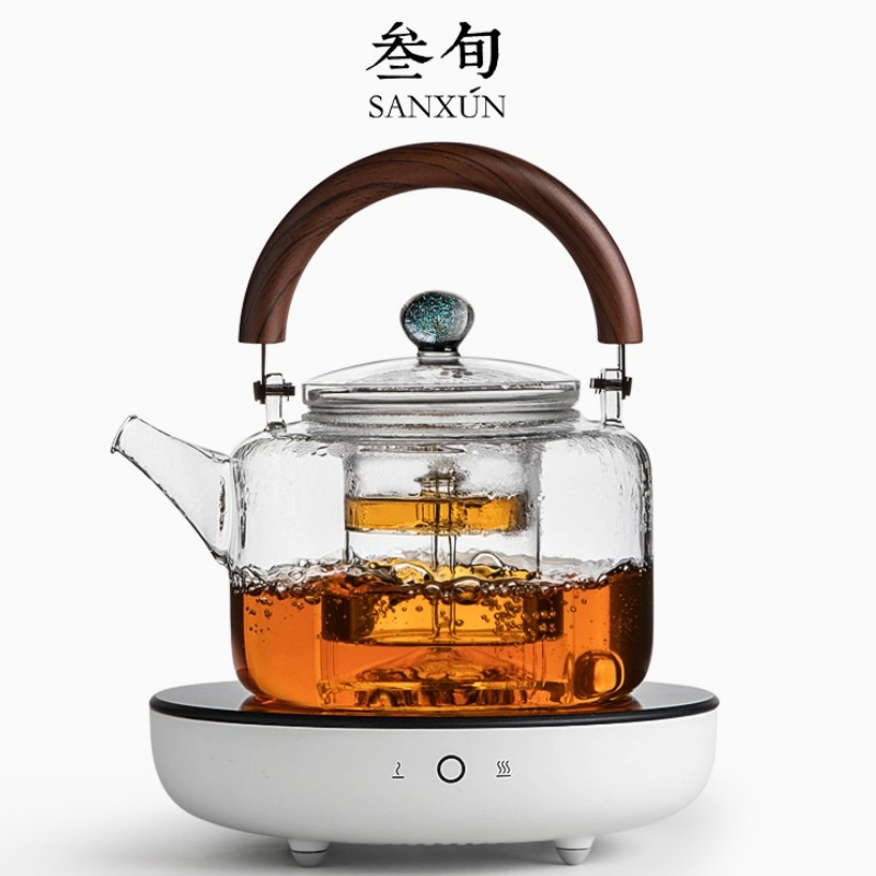叁旬玻璃煮茶壶耐高温加厚烧水壶大容量蒸煮一体养生壶家用电陶炉套装【木棉白】+星空玻璃壶（单位：套） 无色