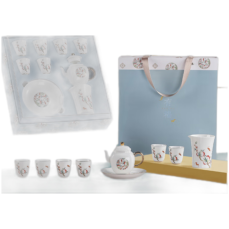 苏氏陶瓷（SUSHI CERAMICS）J0801整套茶具国潮五福捧寿文创礼盒装（单位：套） 白色