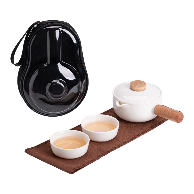 苏氏陶瓷（SUSHI CERAMICS）J0906旅行茶具木柄侧把壶快客杯便捷装（单位：套） 白色
