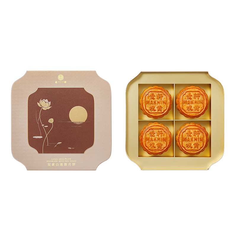 麦轩800g粤经典双黄白莲蓉月饼200g*4/盒 自然色