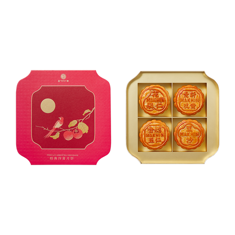 麦轩712.5g粤经典四喜月饼/盒 玫瑰红色
