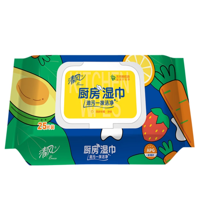 清风 厨房湿巾一片去油去污25片*4包BWB25KE （单位：箱） 白色