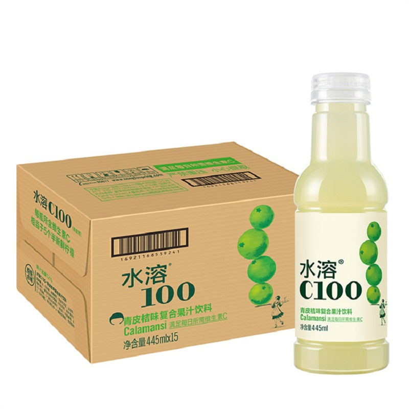 农夫山泉 水溶C100青皮桔复合果汁饮料445ml*15入纸箱装 绿色