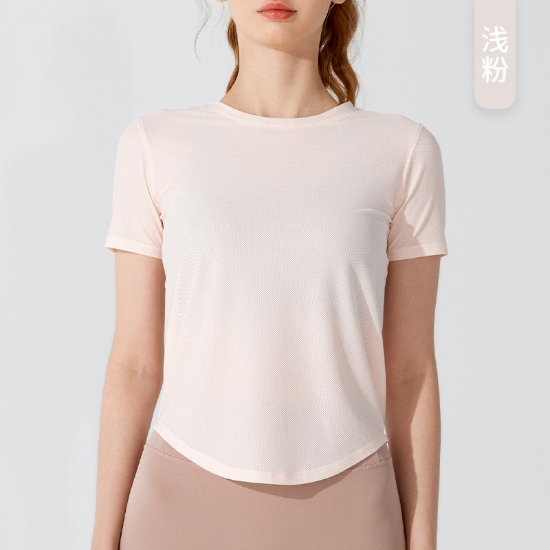 唯卡洛 运动速干衣新款短袖宽松跑步轻薄透气T恤弹力健身服瑜伽上衣外穿24077 单位：件 浅粉 S