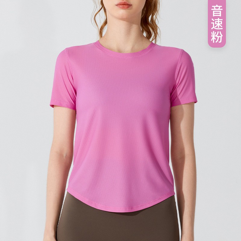 唯卡洛 运动速干衣新款短袖宽松跑步轻薄透气T恤弹力健身服瑜伽上衣外穿24077 单位：件 音速粉 S