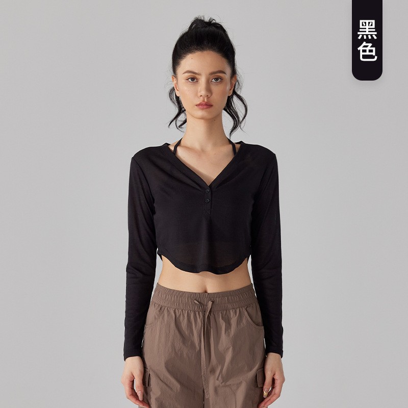 唯卡洛 跑步速干衣天丝瑜伽长袖宽松透气V领运动罩衫女速干跑步健身服24079 单位：件 黑色 L