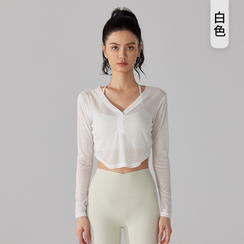 唯卡洛 跑步速干衣天丝瑜伽长袖宽松透气V领运动罩衫女速干跑步健身服24079 单位：件 白色 S