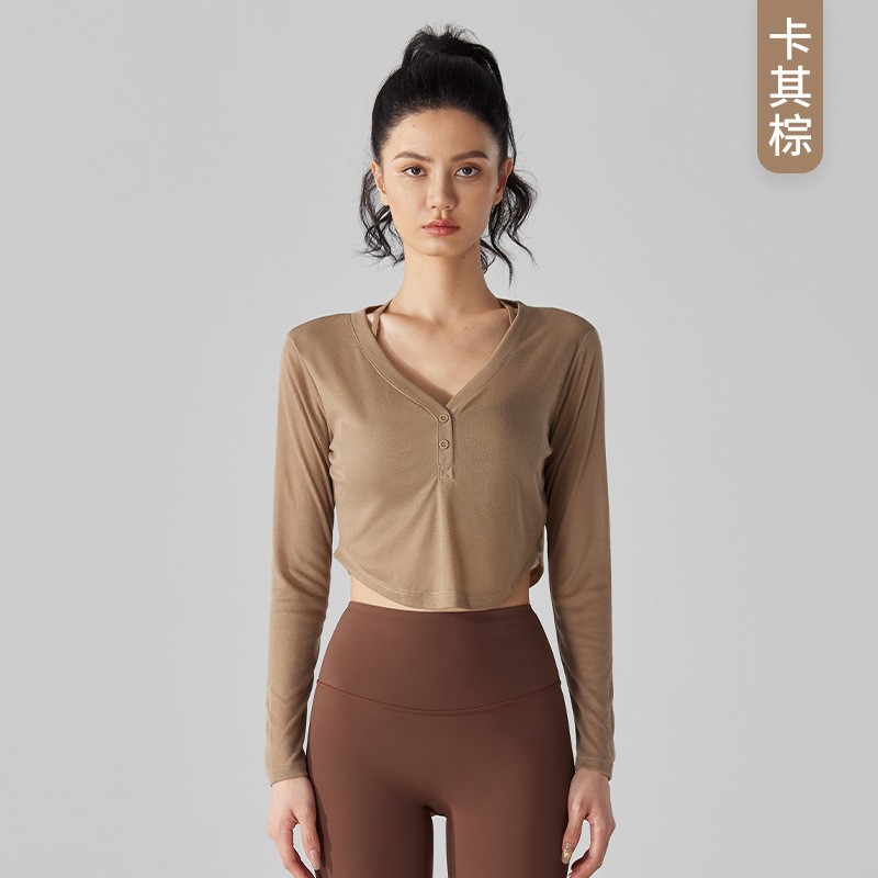 唯卡洛 跑步速干衣天丝瑜伽长袖宽松透气V领运动罩衫女速干跑步健身服24079 单位：件 卡其棕 S