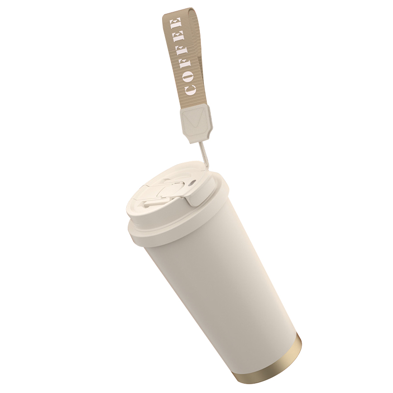 上亨时尚简约咖啡杯316不锈钢双层内胆陶瓷涂层尼龙挂绳便携 SHZH-CFB016 530ml/个 白色