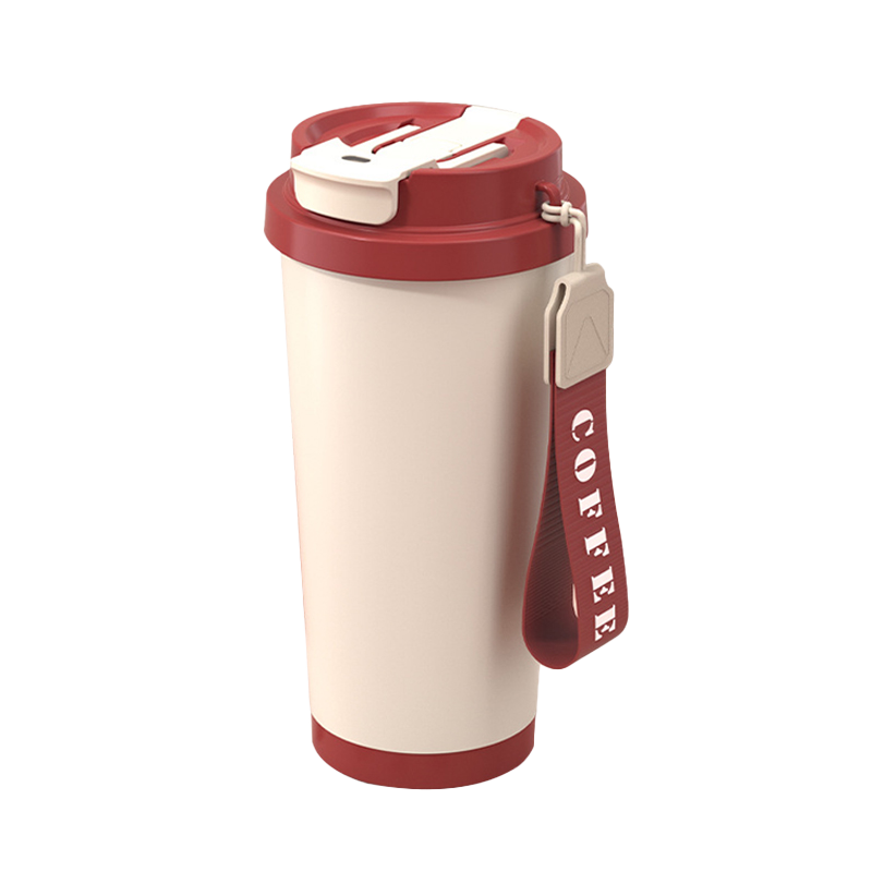 上亨时尚简约咖啡杯316不锈钢双层内胆陶瓷涂层尼龙挂绳便携 SHZH-CFB016 530ml/个 红白色