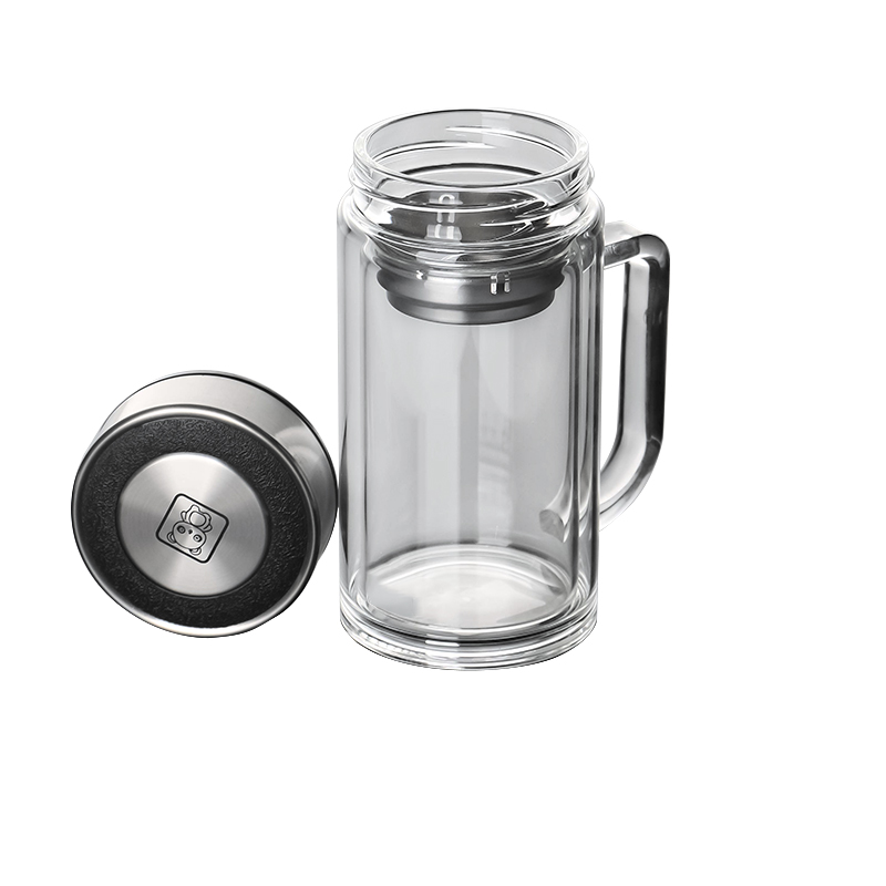 上亨双层玻璃杯 高硼硅耐泡茶杯办公室带把手水杯带滤网水杯子 SHZH-BLB02 400ml/个 白色