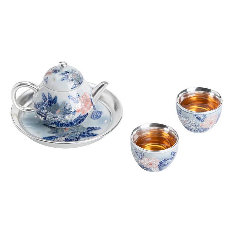 苏氏陶瓷（SUSHI CERAMICS）J0939鎏银国礼牡丹茶具套装非遗传承人郑文强作品（单位：套 银色