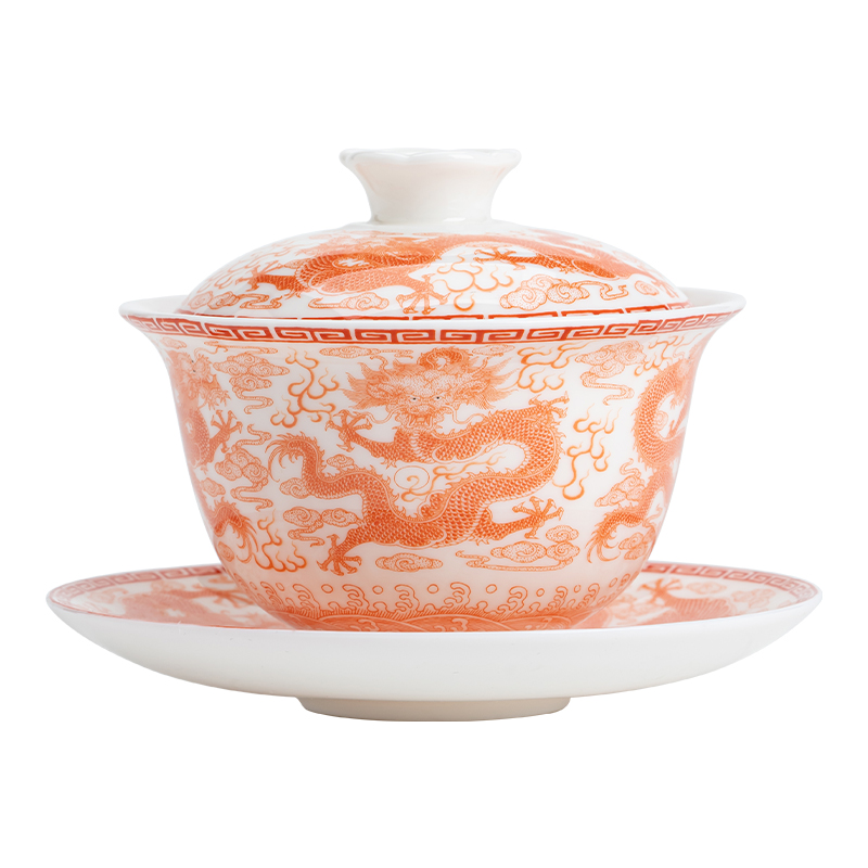 苏氏陶瓷（SUSHI CERAMICS）J0931红九龙纹三才盖碗礼盒装（单位：套） 橙白色