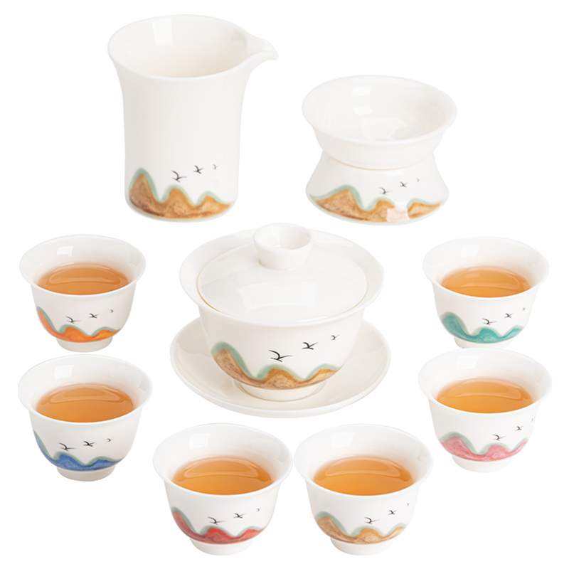 苏氏陶瓷（SUSHI CERAMICS）J0956羊脂玉瓷千里江山盖碗六色杯茶具礼盒套装（单位：套） 白色
