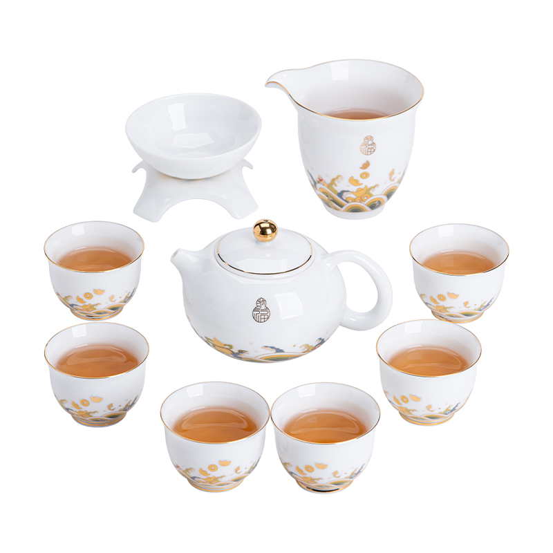 苏氏陶瓷（SUSHI CERAMICS）J0950国潮海浪羊脂玉茶壶茶具套装（单位：套） 白色