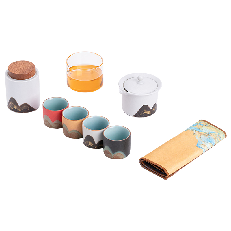 苏氏陶瓷（SUSHI CERAMICS）J0972釉画彩千里江山四色杯行云壶雅白旅行茶具套装（单位： 混色