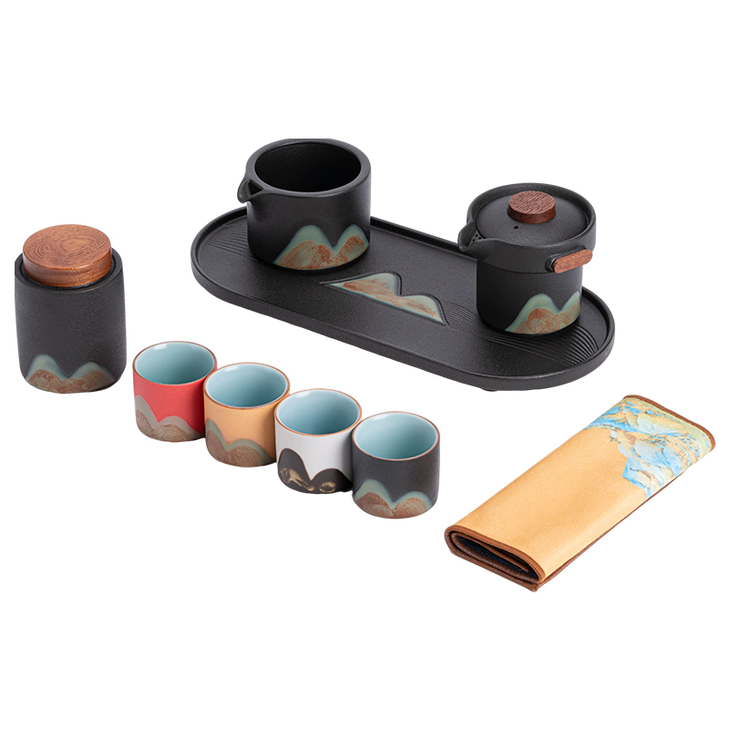 苏氏陶瓷（SUSHI CERAMICS）J0961釉画彩千里江山四色杯清风壶干泡盘套装禅黑（单位：套 混色