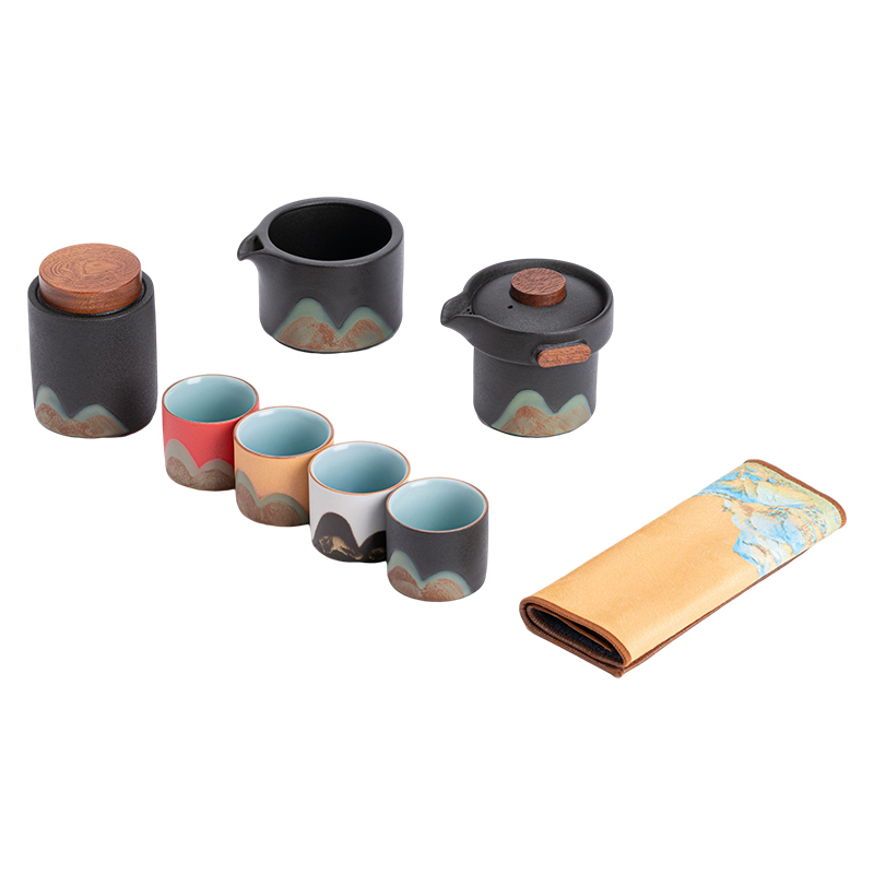 苏氏陶瓷（SUSHI CERAMICS）J0959釉画彩千里江山四色杯清风壶套装禅黑文创（单位：套） 混色