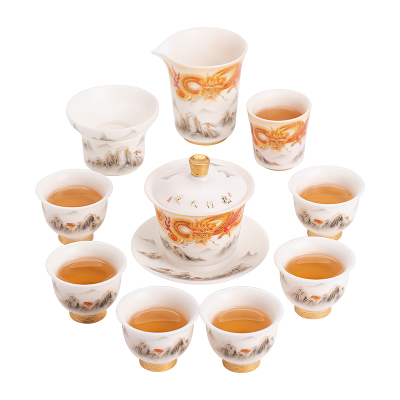 苏氏陶瓷（SUSHI CERAMICS）J1004龙行大运盖碗茶具套装国家一级技师王文克作品（单位： 白色