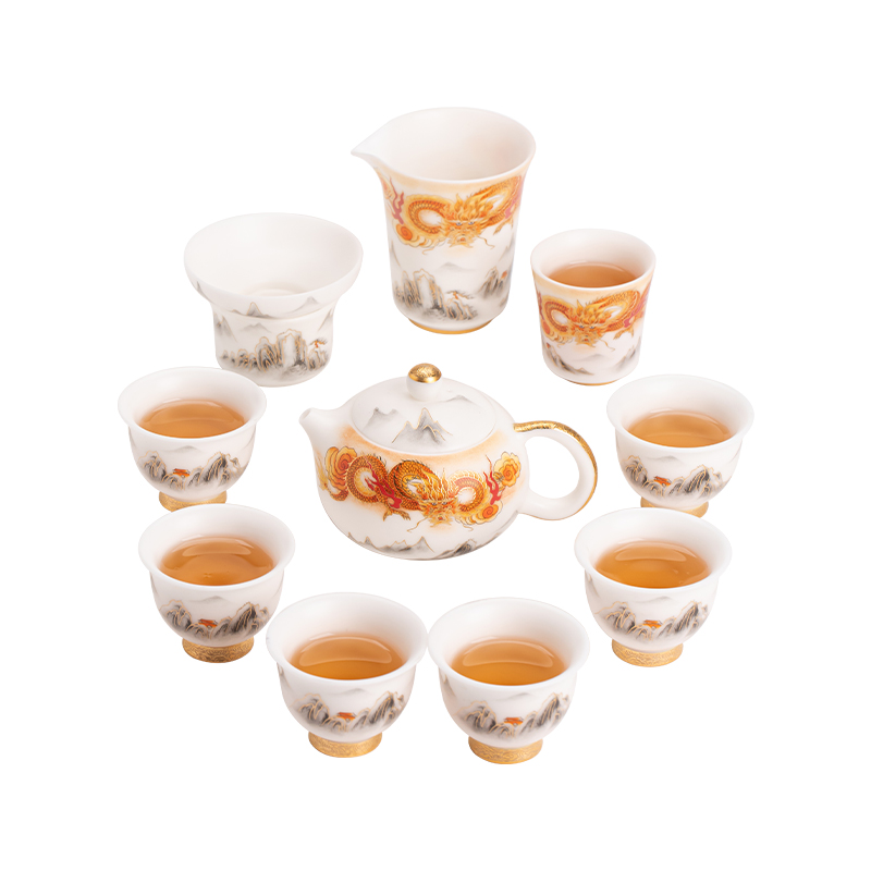 苏氏陶瓷（SUSHI CERAMICS）J1005龙行大运茶壶茶具套装国家一级技师王文克作品（单位： 白色