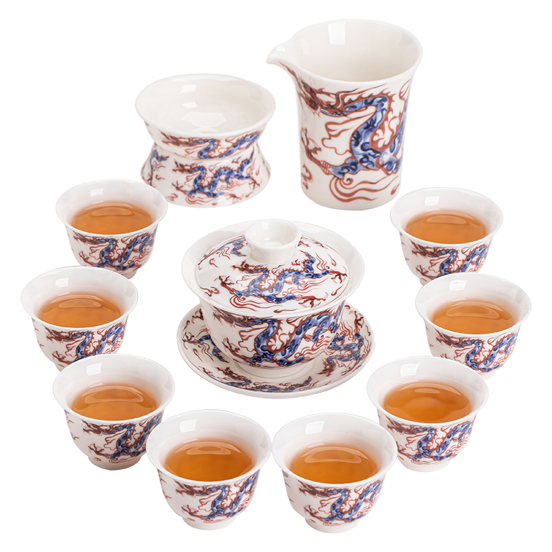 苏氏陶瓷（SUSHI CERAMICS）J0984祥龙三才盖碗茶杯羊脂玉瓷茶具礼盒装（单位：套） 白色