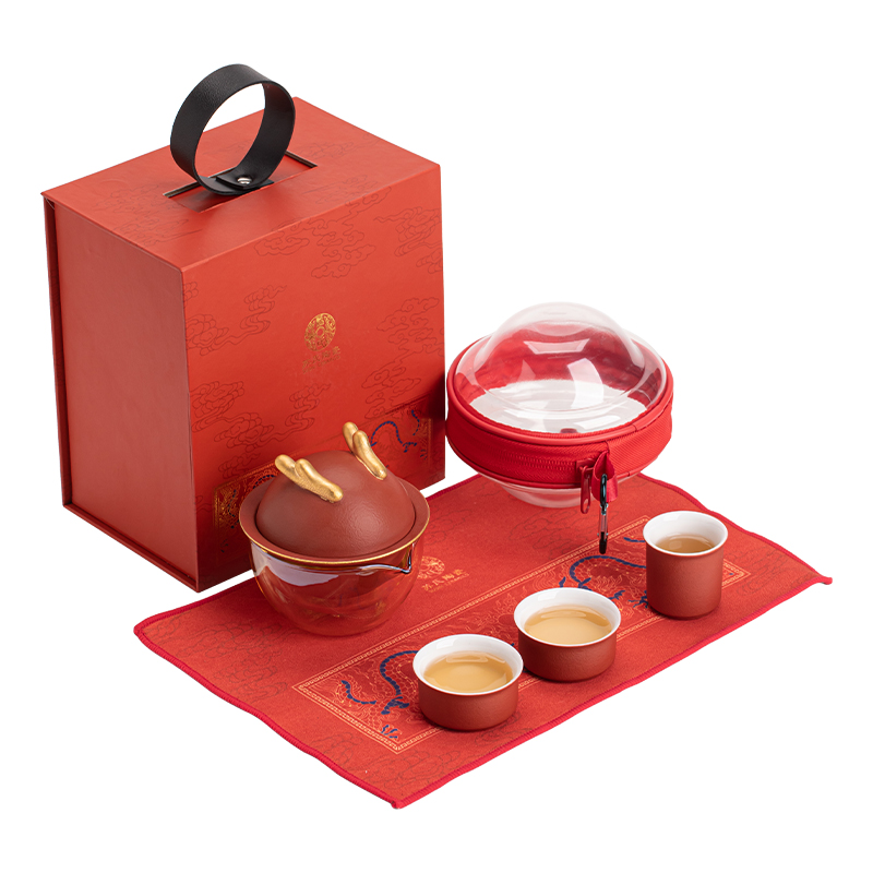 苏氏陶瓷（SUSHI CERAMICS）J1017描金万事兴龙快客杯礼盒便捷旅行包茶具（单位：套） 红色