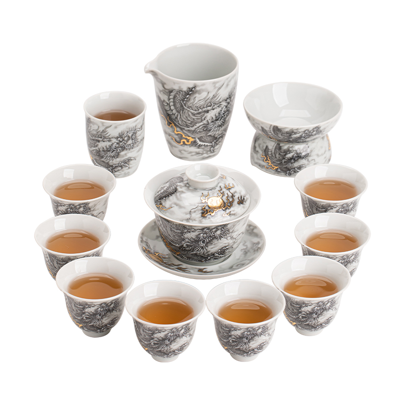 苏氏陶瓷（SUSHI CERAMICS）J1023水墨龙腾盛世13件茶具套装非遗传承人苏爱珍作品（单 白色