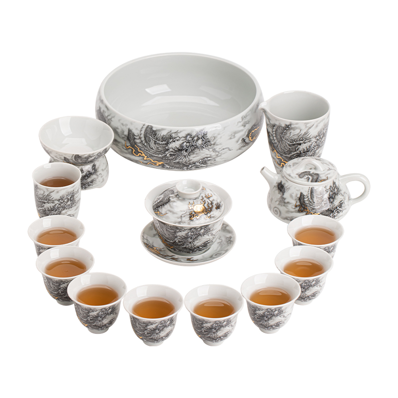 苏氏陶瓷（SUSHI CERAMICS）J1022水墨龙腾盛世15件大套装非遗传承人苏爱珍作品（单位 白色