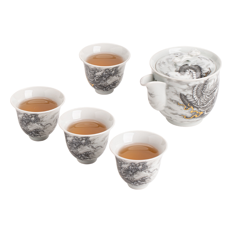 苏氏陶瓷（SUSHI CERAMICS）J1020水墨龙腾盛世一壶四杯小套装非遗传承人苏爱珍作品（单 白色