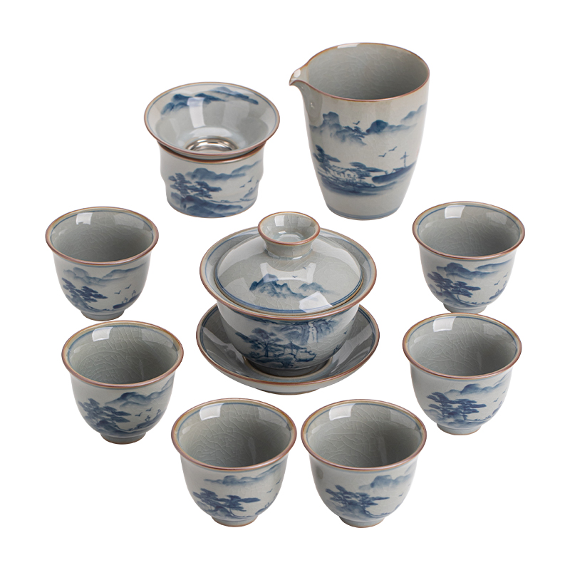 苏氏陶瓷（SUSHI CERAMICS）J1028汝窑手绘山水泛舟盖碗茶具套装苏爱珍作品（单位：套） 灰色