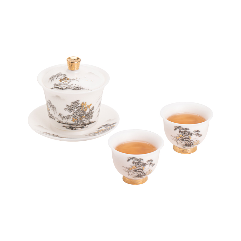 苏氏陶瓷（SUSHI CERAMICS）J1054素烧翠山迎客一碗两杯国家一级技师王文克作品（单位： 白色