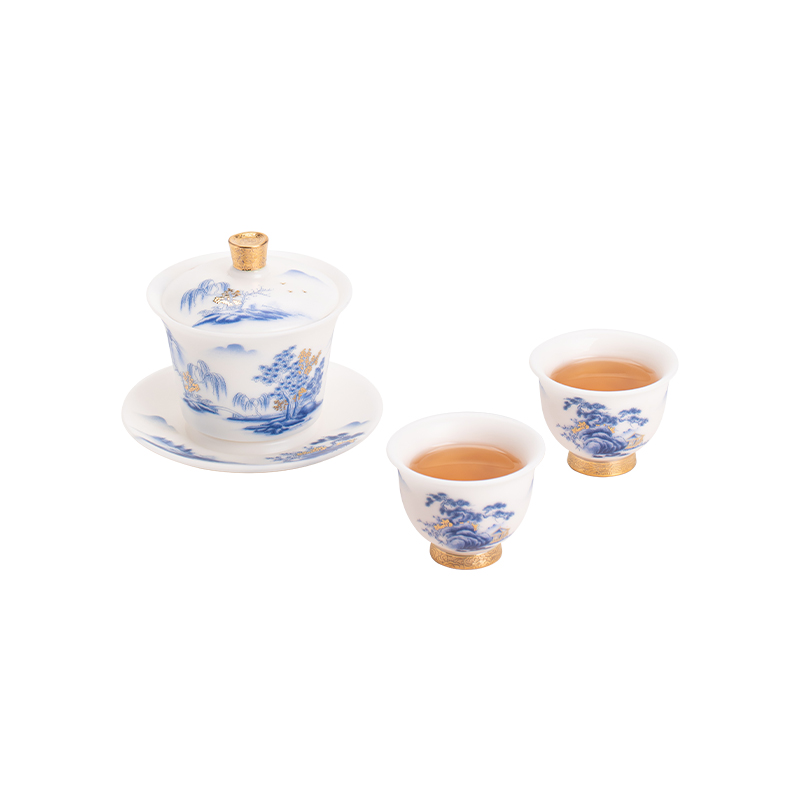 苏氏陶瓷（SUSHI CERAMICS）J1053素烧源远流长一碗两杯国家一级技师王文克作品（单位： 白色