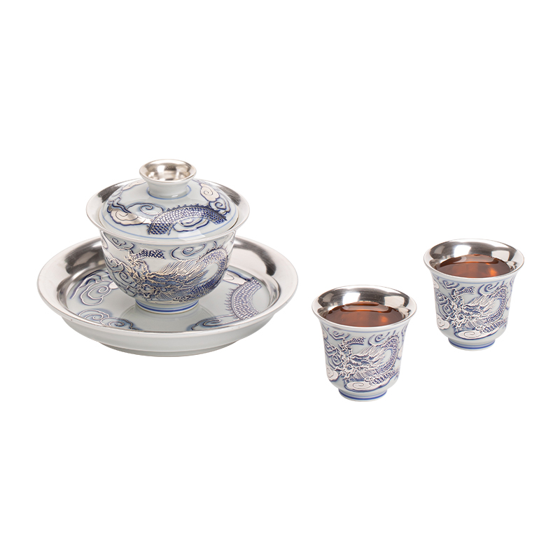 苏氏陶瓷（SUSHI CERAMICS）J1041鎏银龙腾四海一碗两杯套装非遗大师郑文强作品（单位： 银色