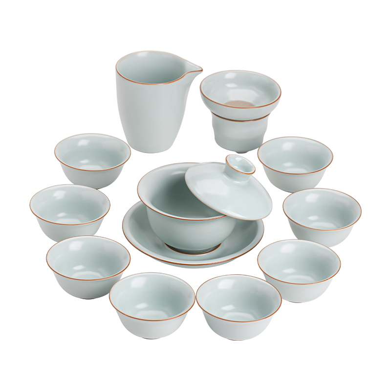 苏氏陶瓷（SUSHI CERAMICS）J1039悬停三才盖碗汝窑开片八杯可养金线带礼盒装（单位：套 天青色