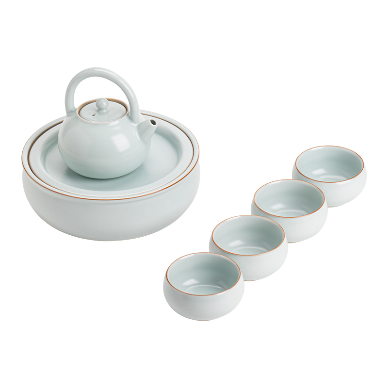 苏氏陶瓷（SUSHI CERAMICS）J1037汝窑开片提梁壶配蓄水茶盘礼盒茶具套装（单位：套） 天青色