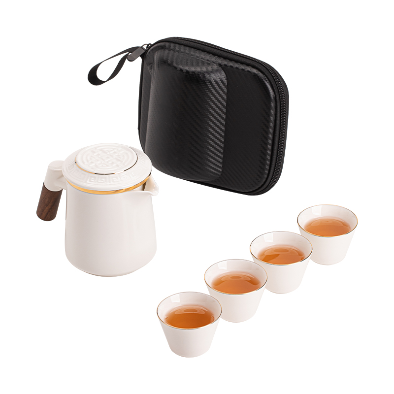 苏氏陶瓷（SUSHI CERAMICS）J1033描金羊脂玉瓷手柄快客杯旅行包茶具套装（单位：套） 白色
