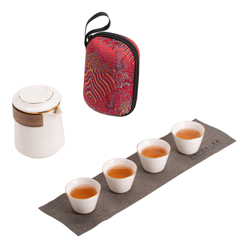 苏氏陶瓷（SUSHI CERAMICS）J1034描金羊脂玉瓷手抓壶快客杯旅行包茶具套装（单位：套） 白色