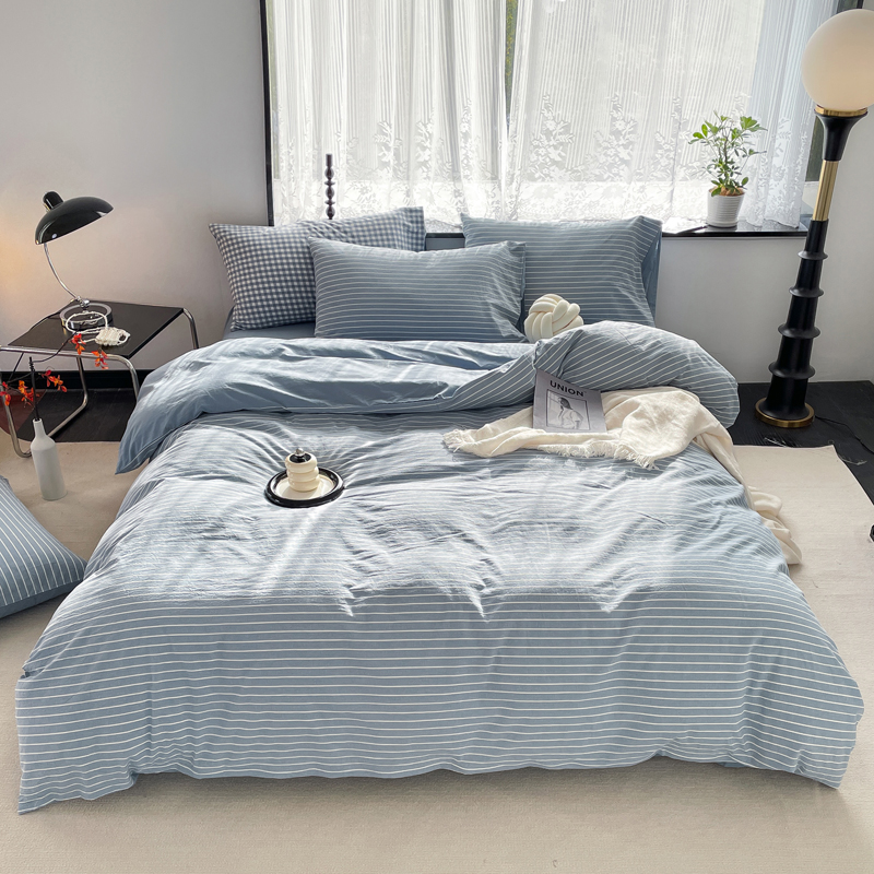 雅鹿无印水洗全棉四件套2*2.3米（单位：床） 素雅-蓝条