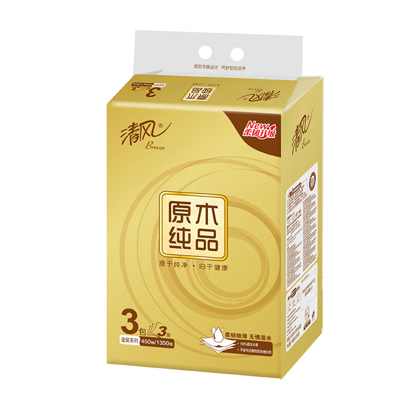 清风原木金装3层150抽/包 3包/提抽取式面巾纸BR36MJ3（提） 白色