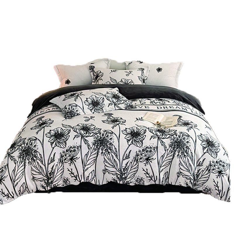 罗曼罗兰（ROMROL）A类牛奶绒印花四件套-荷意绵绵200*230cm（单位：套） 白黑色