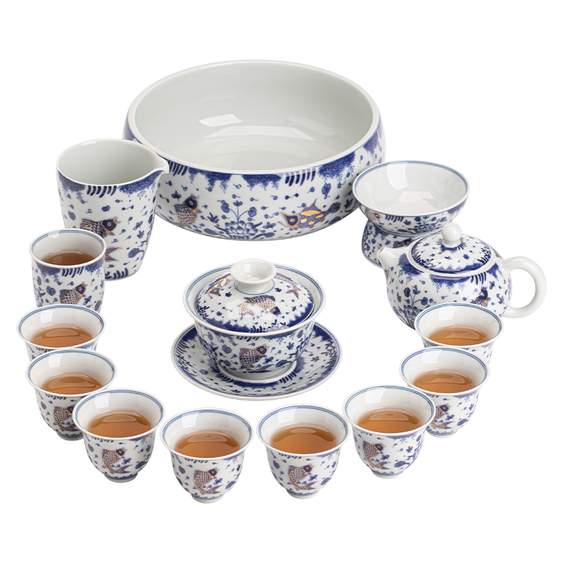 苏氏陶瓷（SUSHI CERAMICJS) 1071柴窑青花描金鱼藻纹非遗大师苏爱珍作品（单位：套） 白色