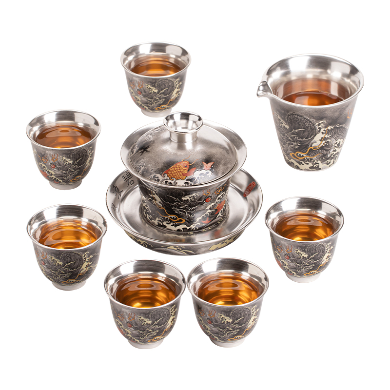 苏氏陶瓷（SUSHI CERAMICS）J1076鎏银墨龙三才盖碗套装非遗大师郑文强作品（单位：套） 银色