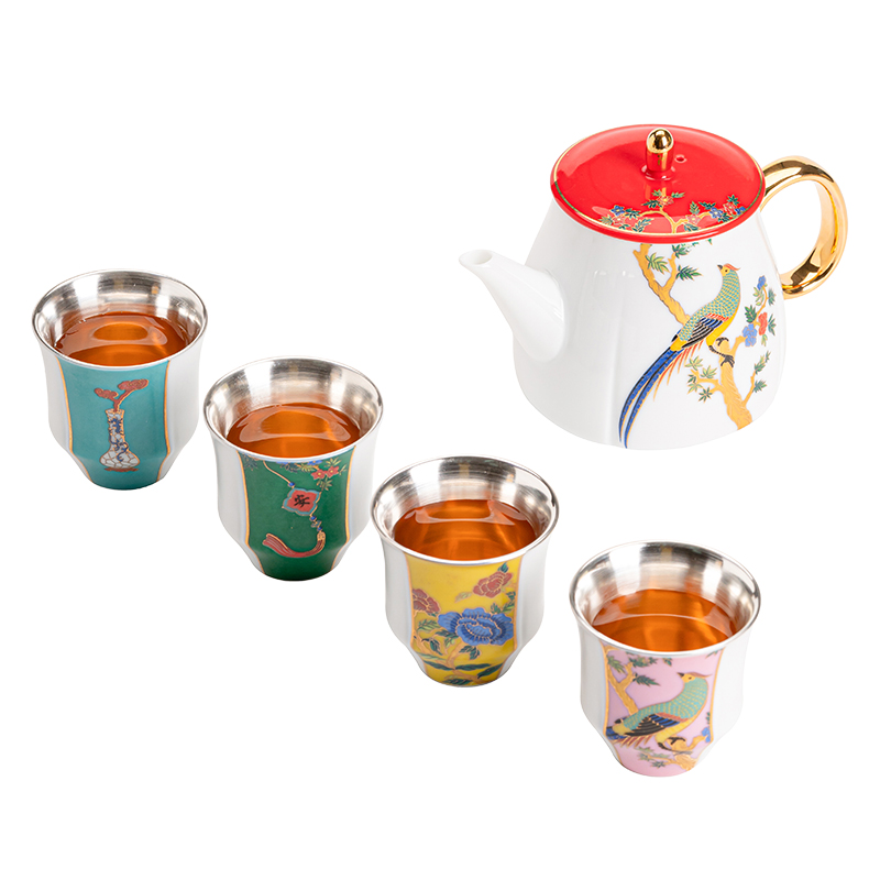 苏氏陶瓷（SUSHI CERAMICS）J0638平安喜乐茶壶茶杯套装鎏银礼盒装（单位：套） 白色