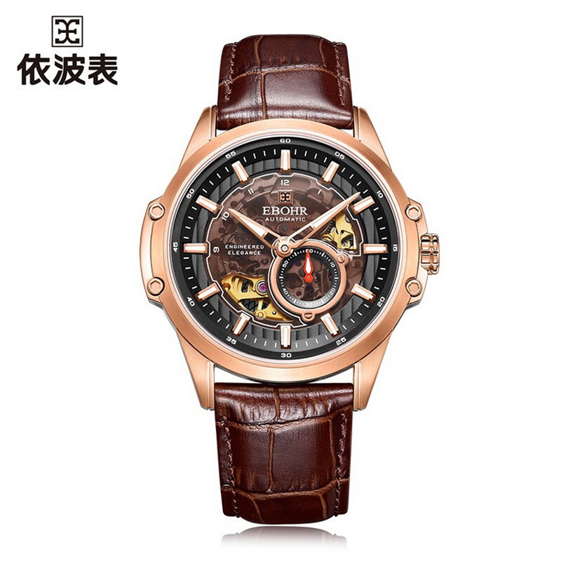 依波(EBOHR) 探索者系列 自动机械手表镂空棕皮带男表18063236（单位1块） 黑色