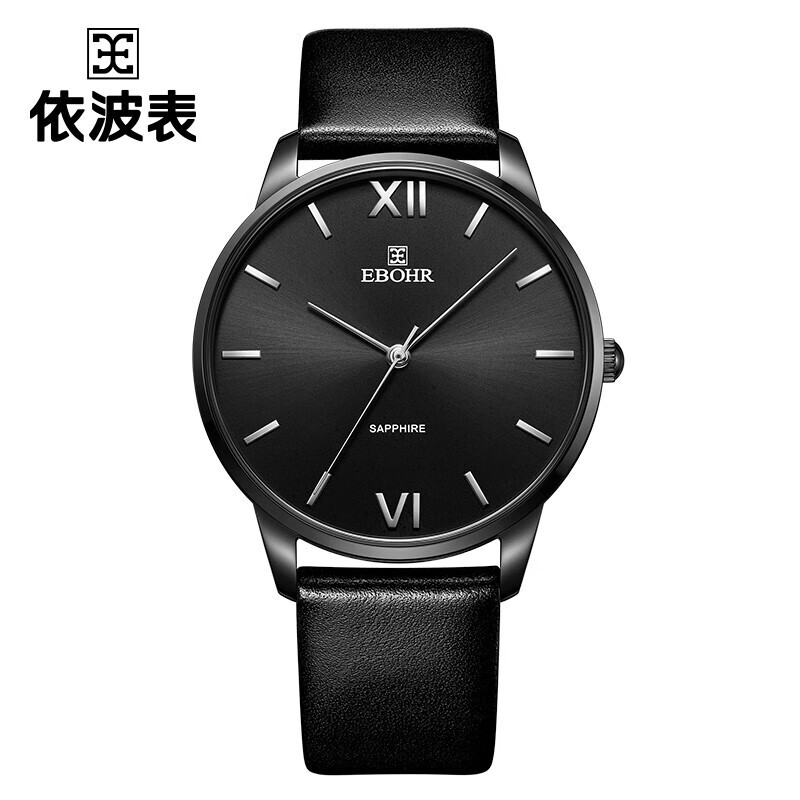 依波(EBOHR) 大师系列 石英手表舒适皮带简约情侣款 酷黑男表19058239（单位1块） 黑色