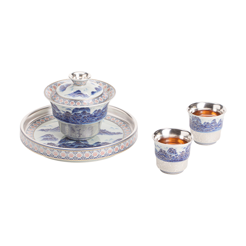 苏氏陶瓷（SUSHI CERAMICS）J1099鎏银千里江山盖碗小套组郑文强作品（单位：套） 宝石蓝