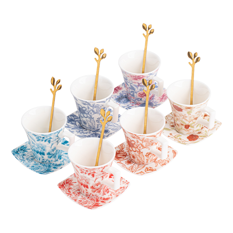 苏氏陶瓷（SUSHI CERAMICS）J1092咖啡杯蝶勺百花轻奢茶具礼盒装（单位：套） 混色