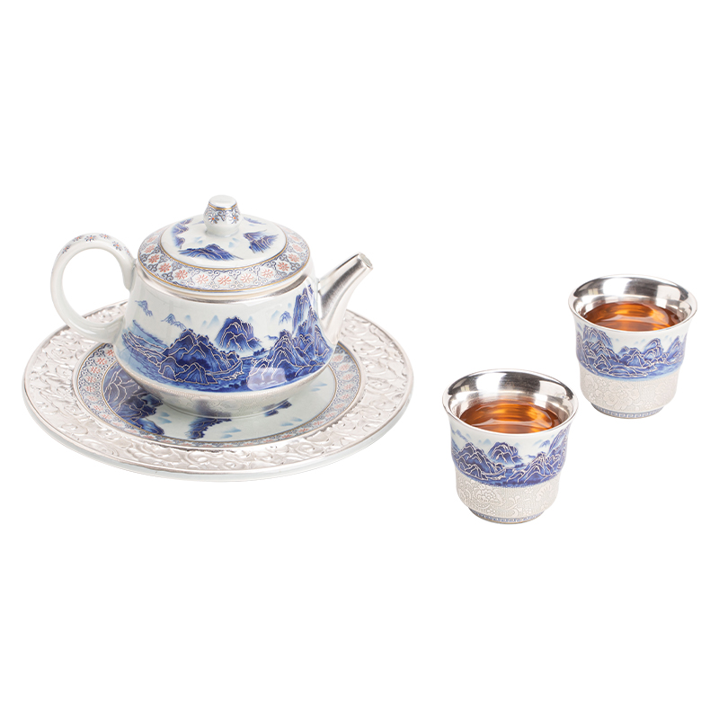 苏氏陶瓷（SUSHI CERAMICS）J1098鎏银千里江山茶壶小套组郑文强作品（单位：套） 蓝色