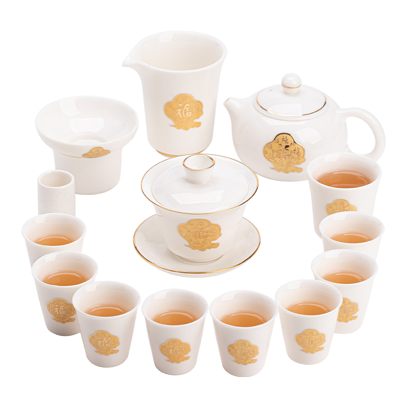 苏氏陶瓷（SUSHI CERAMICS）J1116描金福佑套装非遗制作悬停盖碗礼盒装（单位：套） 白色