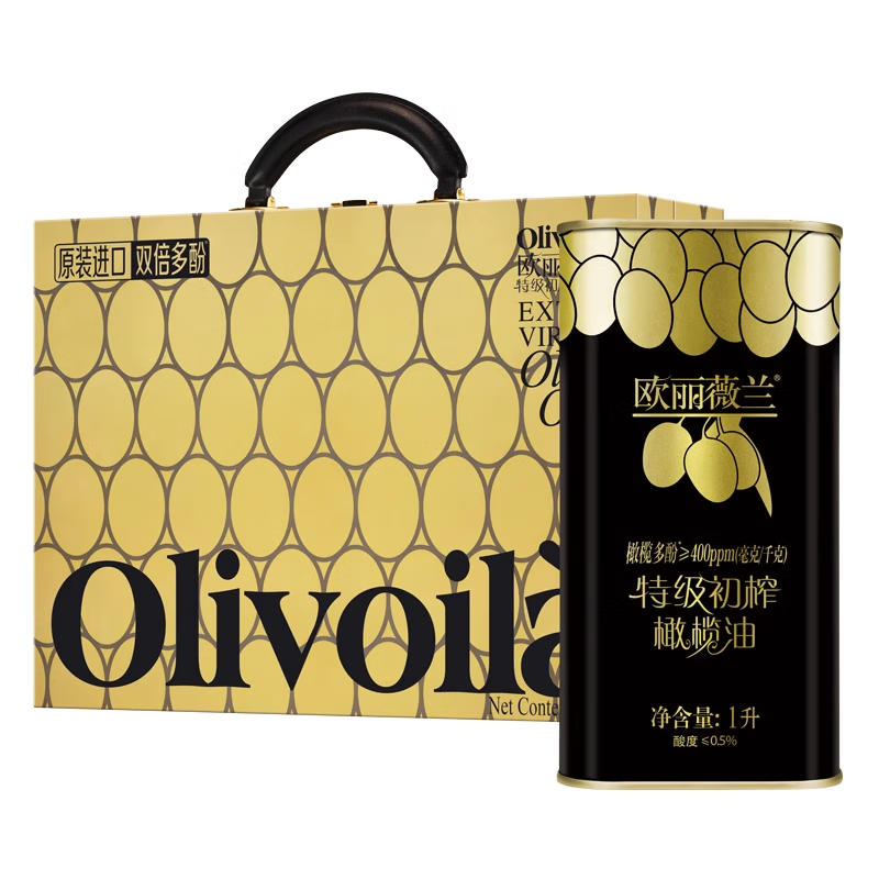 欧丽薇兰高多酚金橄榄特级初榨橄榄油1L*2（礼盒）（单位：盒） 黄色